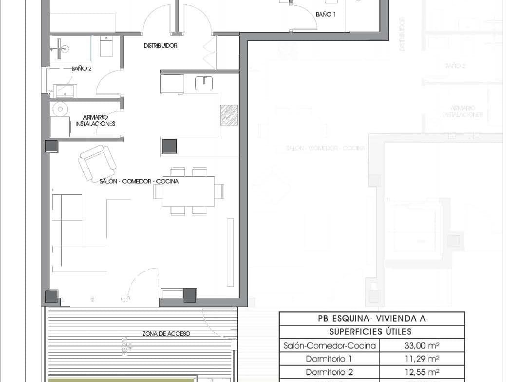 Ground floor plan of the 2 bedroom apartment with private outdoor area in Villajoyosa