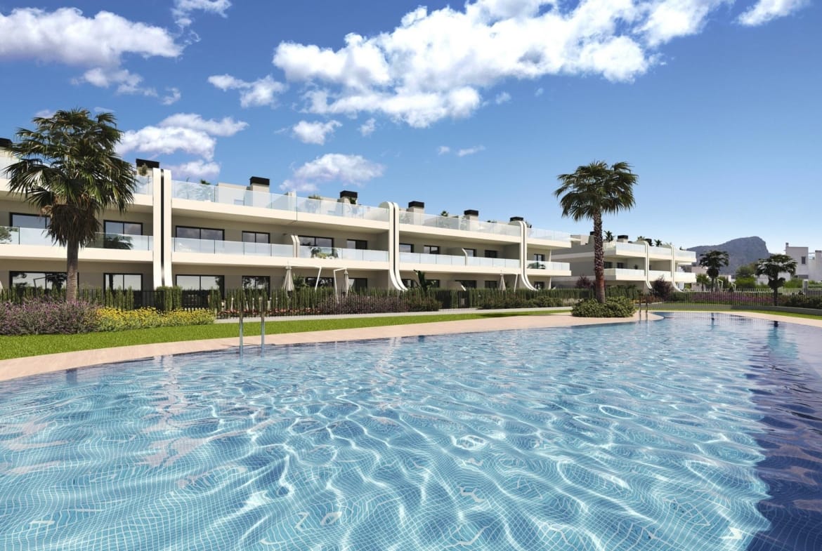 Rendering of the communal pool beside the apartment buildings in La Manga Club, Murcia