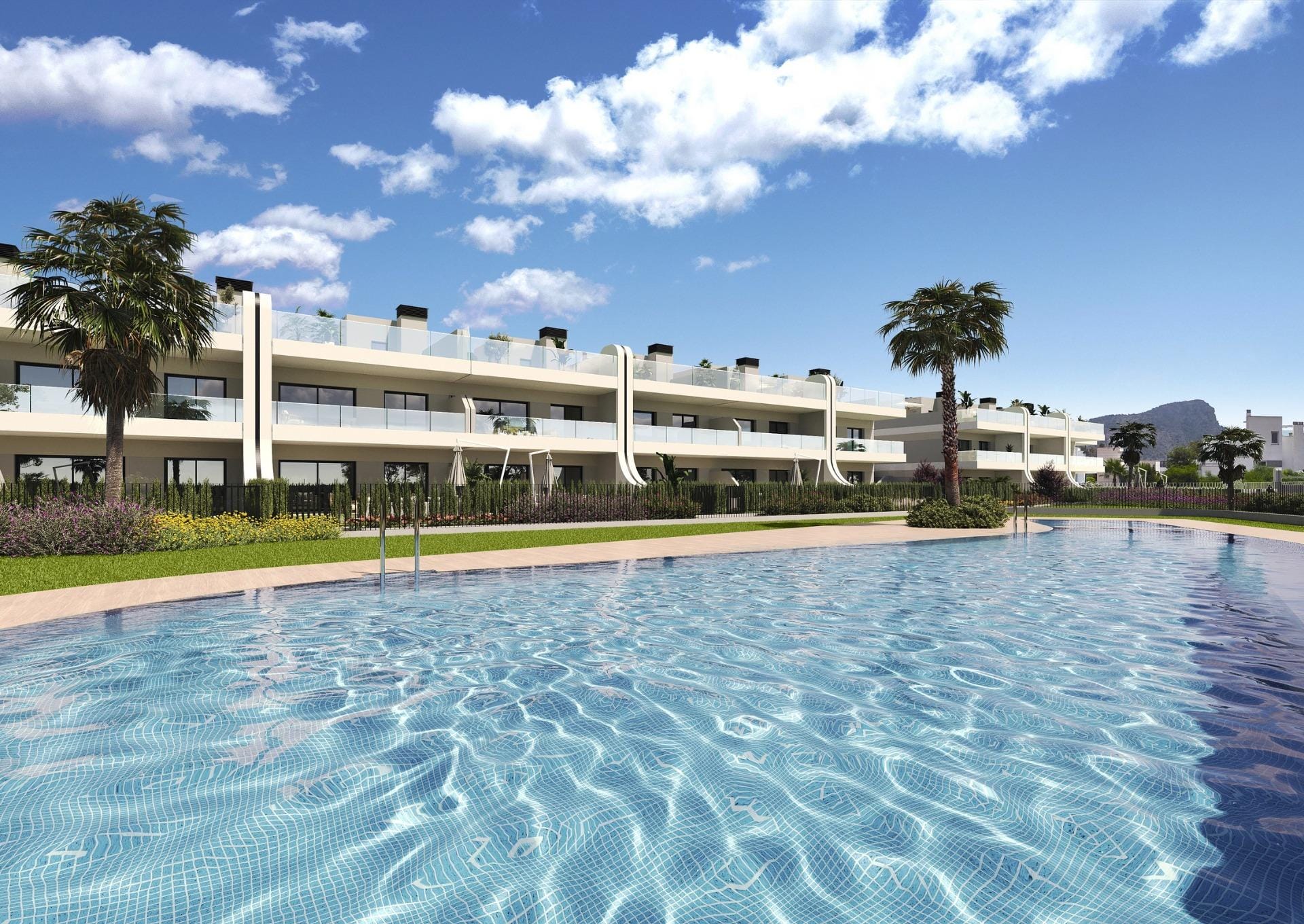 Rendering of the communal pool beside the apartment buildings in La Manga Club, Murcia