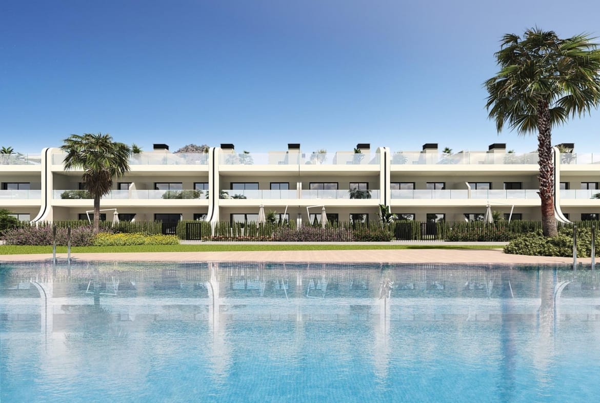 Rendering of the communal pool and apartment façades in La Manga Club, Murcia
