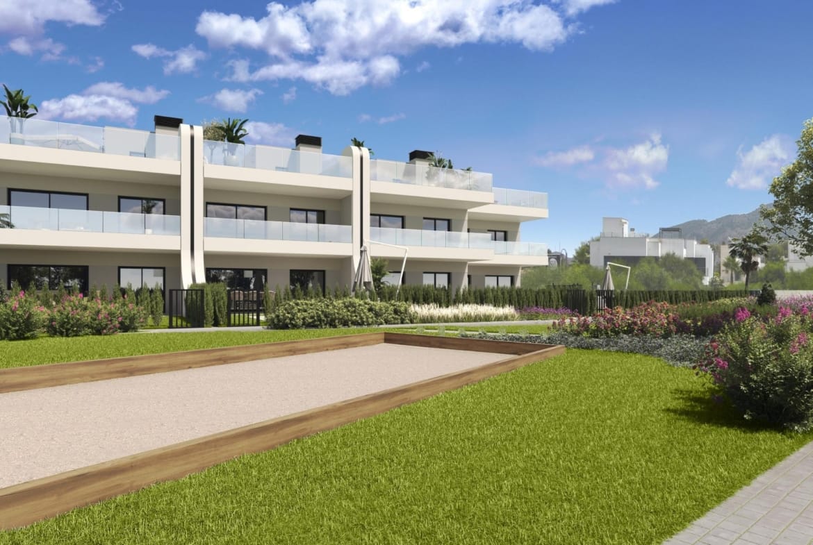 Rendering of apartment terraces and landscaped communal gardens in La Manga Club, Murcia
