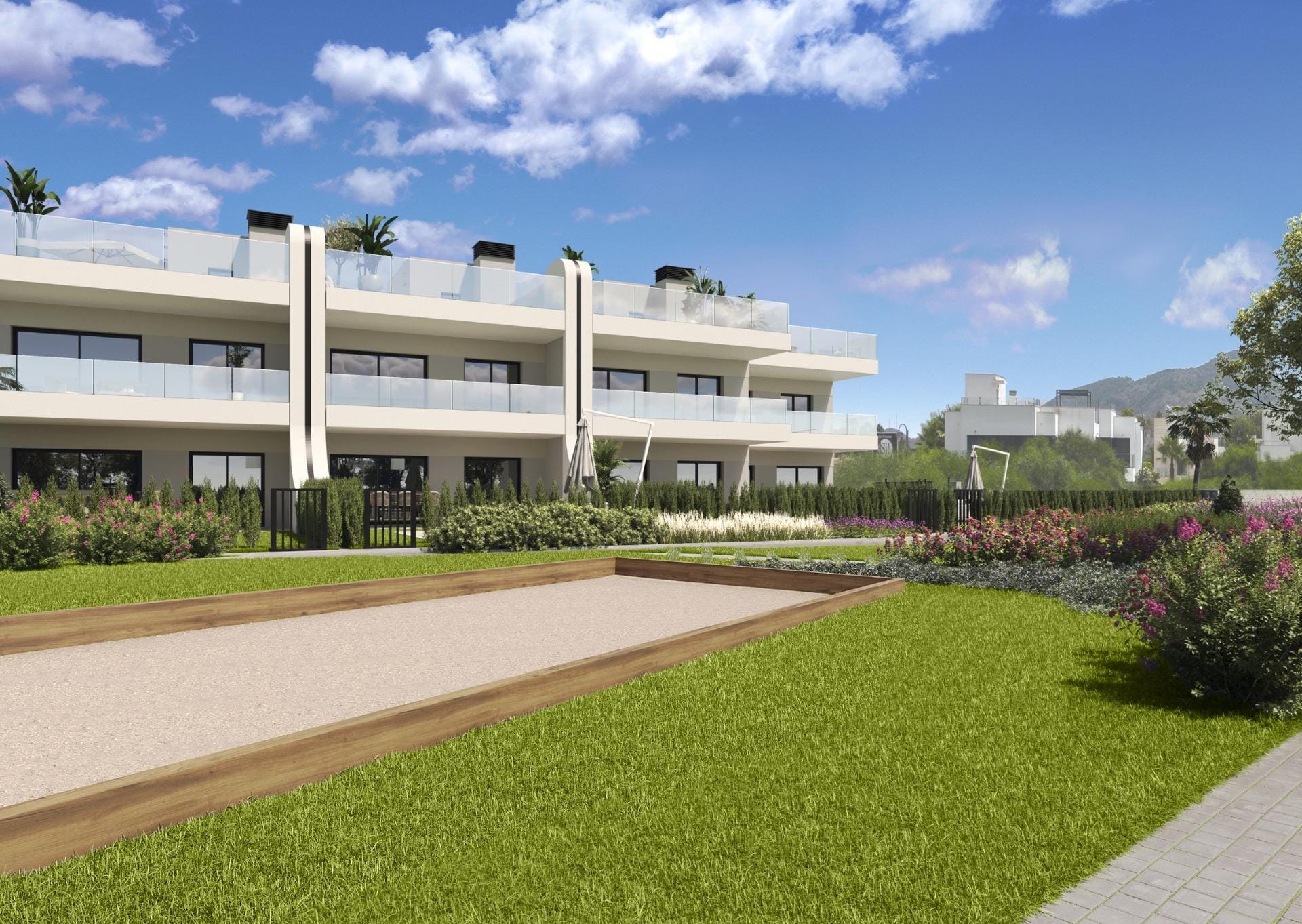 A-residential-development-comprising-bungalows-terraced-houses-and-villas-at-La-Manga-Club-3 Rendering of apartment terraces and landscaped communal gardens in La Manga Club, Murcia