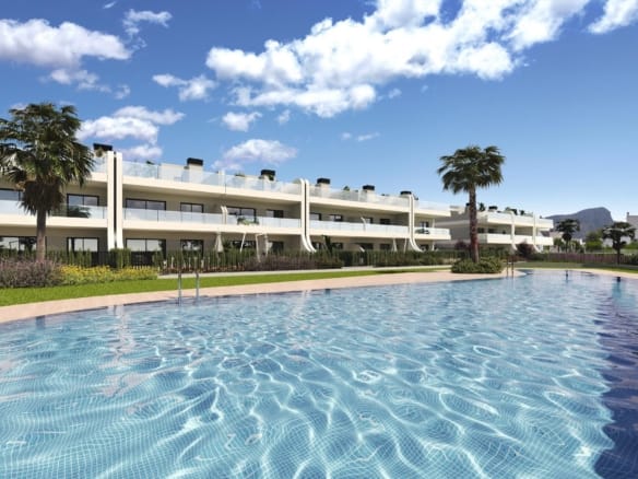 Rendering of the communal pool beside garden apartments in La Manga Club, Murcia