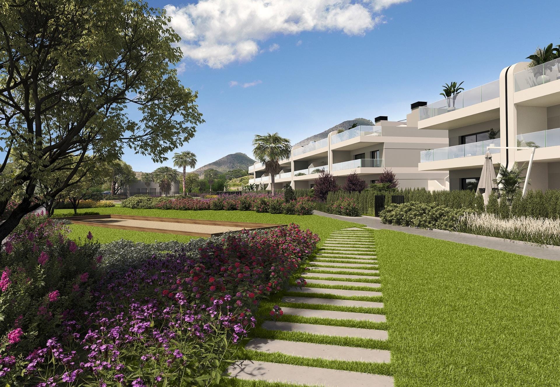 A-residential-development-comprising-bungalows-terraced-houses-and-villas-at-La-Manga-Club-4 Rendering of a garden path between the apartment buildings in La Manga Club, Murcia