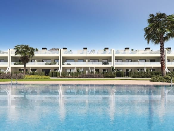Rendering of the communal swimming pool facing the apartment buildings in La Manga Club, Murcia