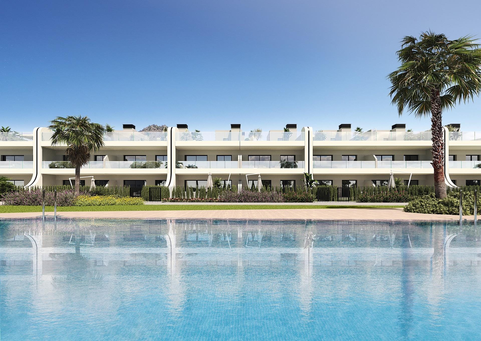 A residential development comprising bungalows Rendering of the communal swimming pool facing the apartment buildings in La Manga Club, Murcia