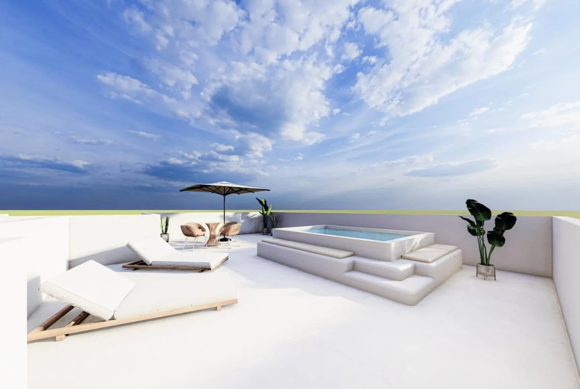 Rooftop terrace render with sun loungers and seating in San Pedro del Pinatar, Murcia
