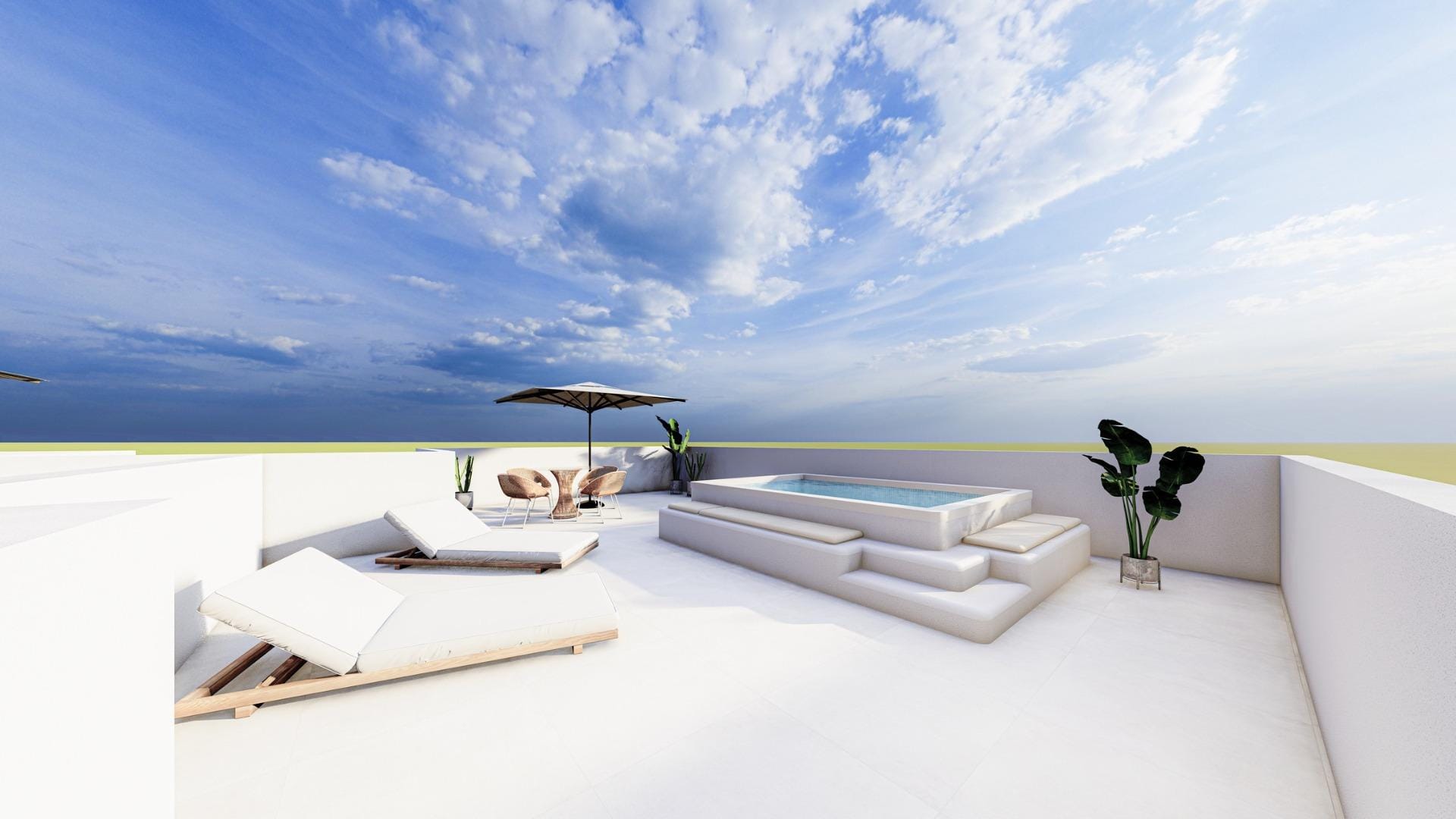 Boutique-New-Build-Homes-in-San-Pedro-del-Pinatar-just-800-m-from-beach-1 Rooftop terrace render with sun loungers and seating in San Pedro del Pinatar, Murcia