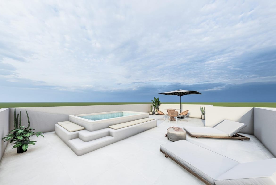 Rooftop terrace render with an outdoor sofa and sun loungers in San Pedro del Pinatar, Murcia