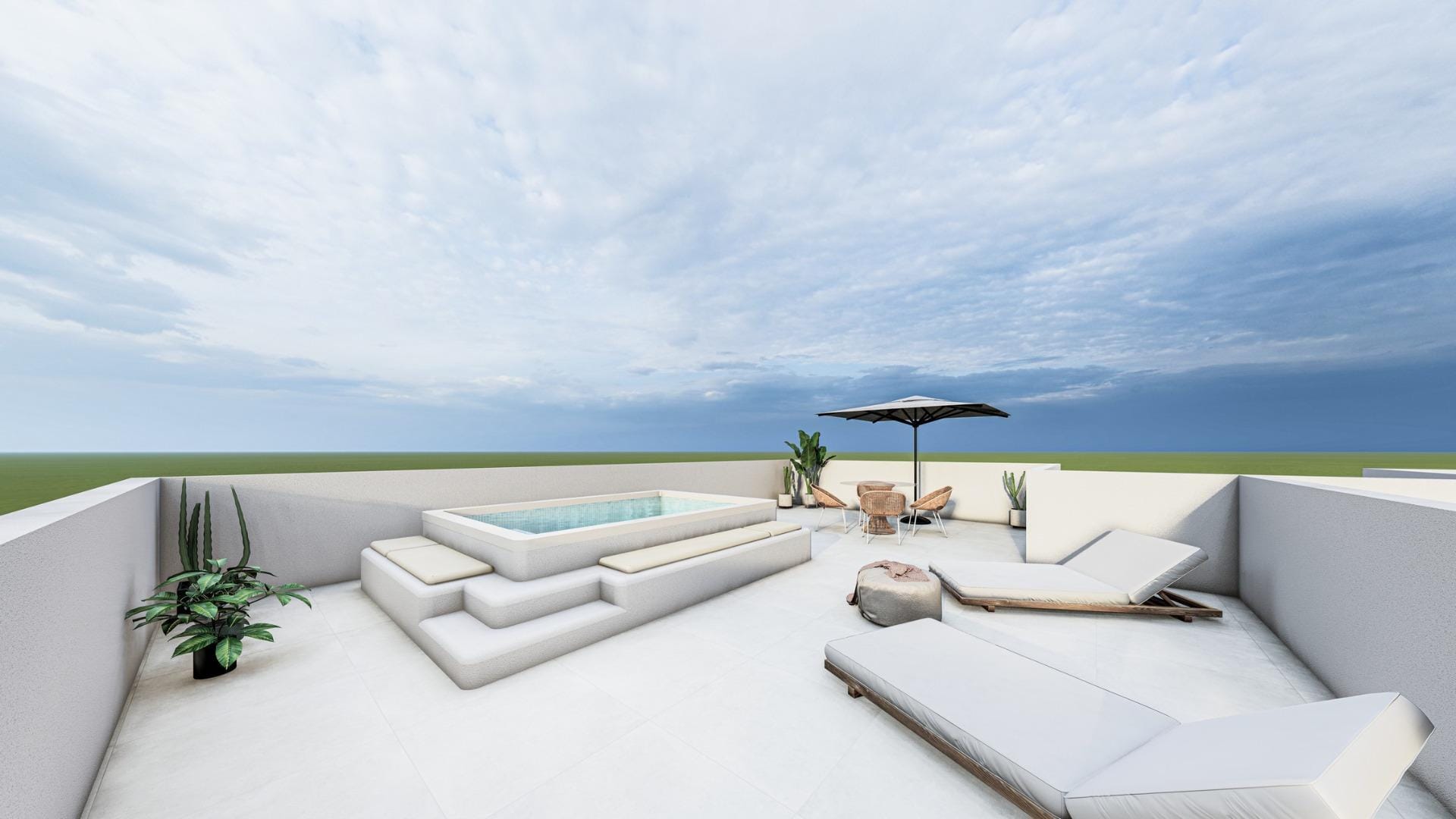 Boutique-New-Build-Homes-in-San-Pedro-del-Pinatar-just-800-m-from-beach-2 Rooftop terrace render with an outdoor sofa and sun loungers in San Pedro del Pinatar, Murcia