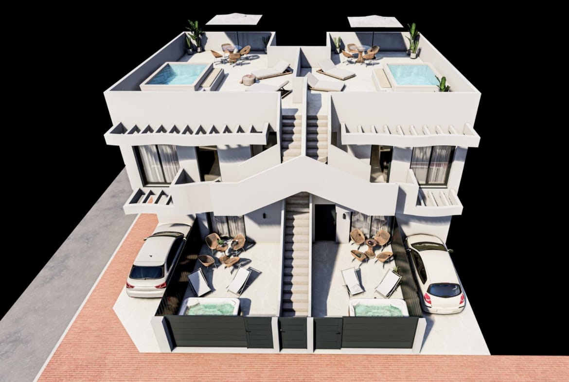 Aerial render showing rooftop pools and outdoor parking in San Pedro del Pinatar, Murcia