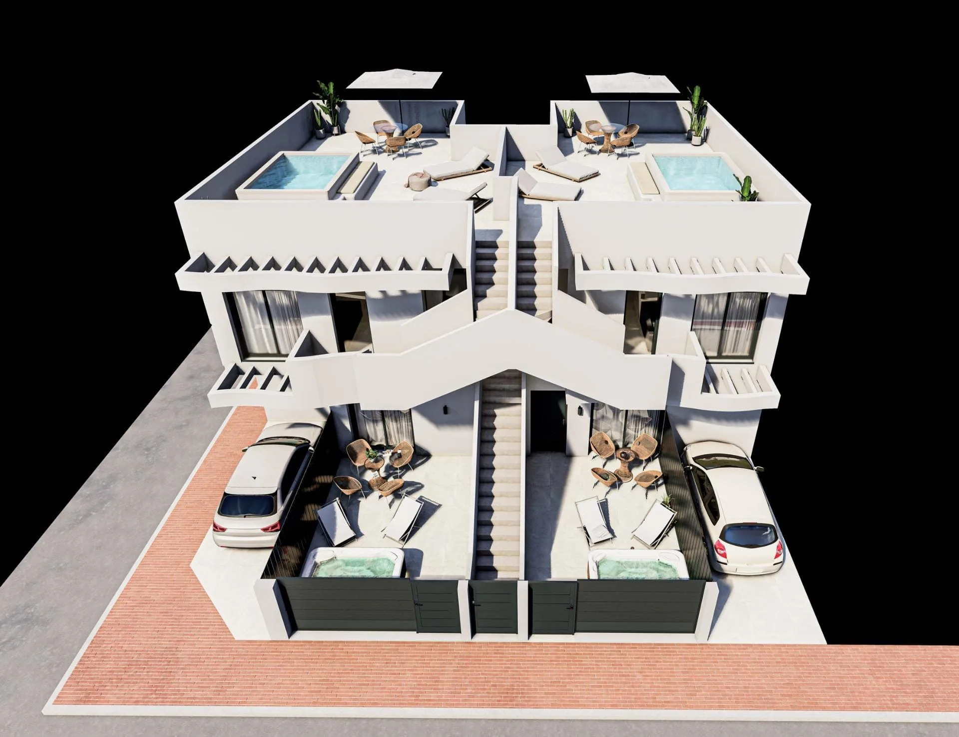 Boutique-New-Build-Homes-in-San-Pedro-del-Pinatar-just-800-m-from-beach-2 Aerial render showing rooftop pools and outdoor parking in San Pedro del Pinatar, Murcia
