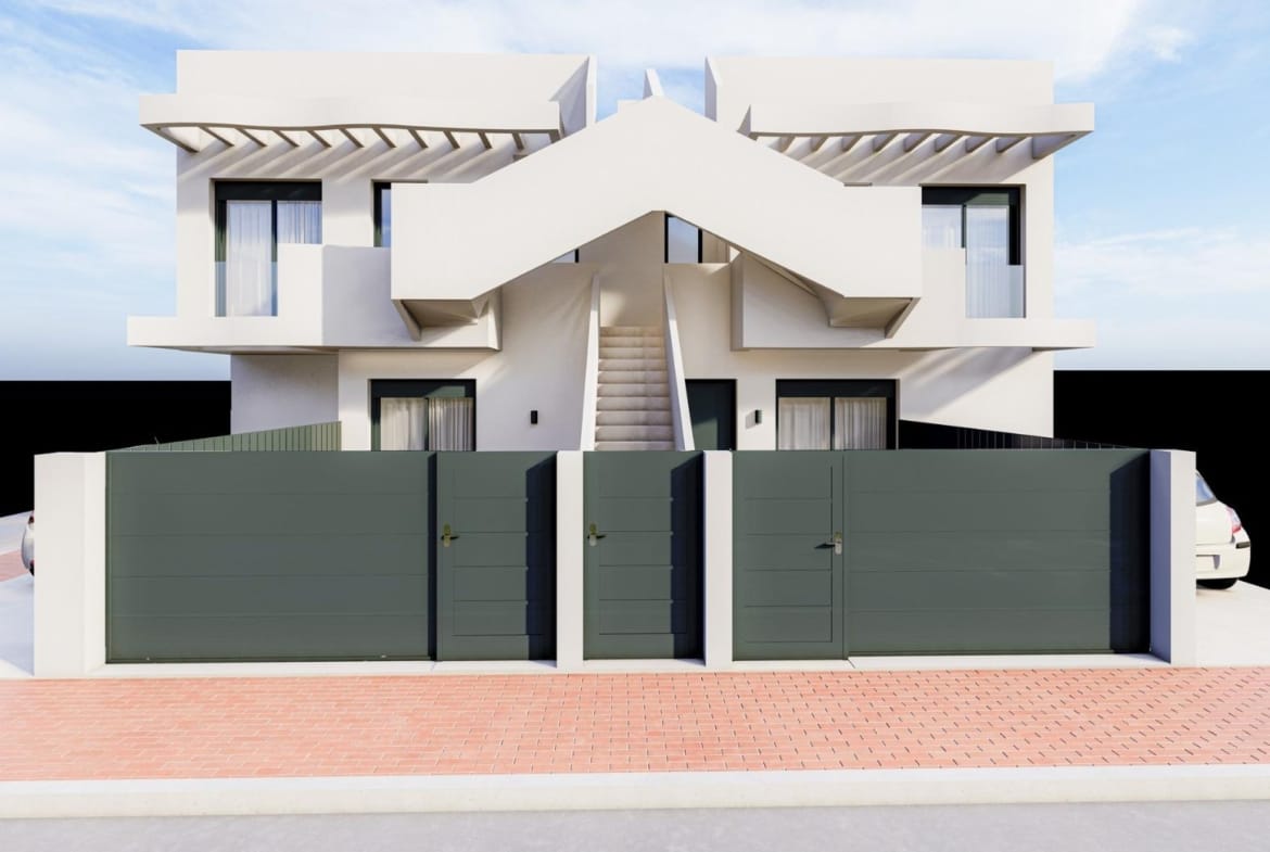 Front exterior render with gates and separate apartment entrances in San Pedro del Pinatar, Murcia