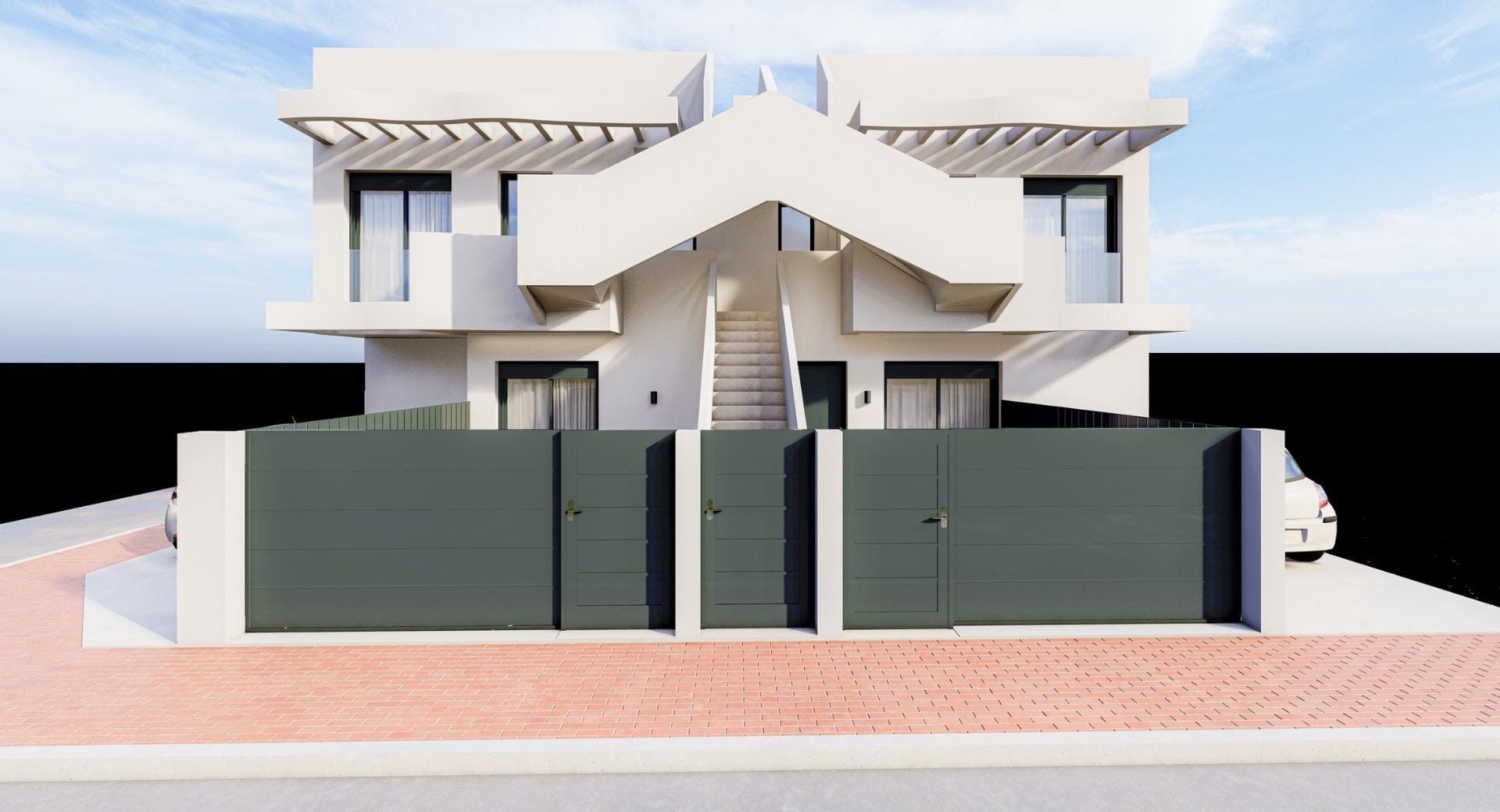 Boutique-New-Build-Homes-in-San-Pedro-del-Pinatar-just-800-m-from-beach-4 Front exterior render with gates and separate apartment entrances in San Pedro del Pinatar, Murcia
