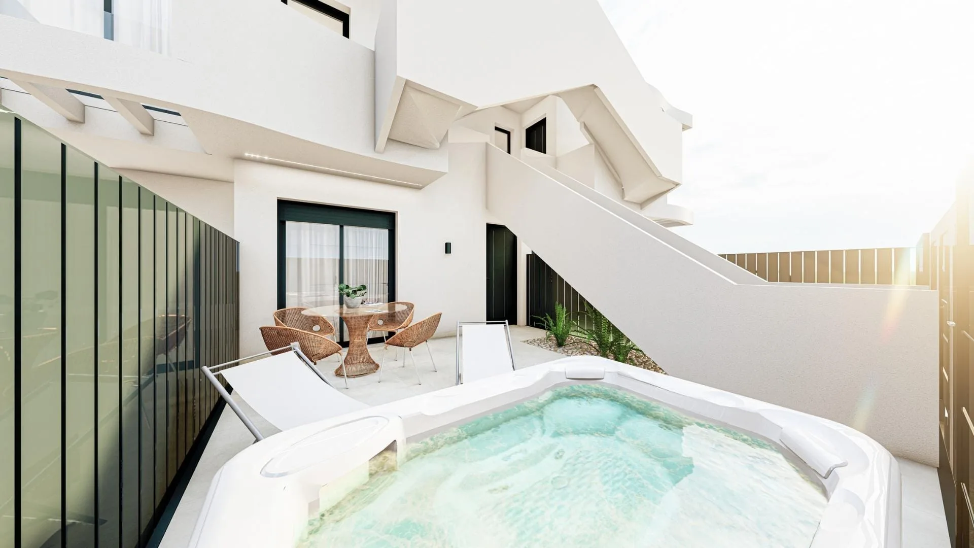 Boutique-New-Build-Homes-in-San-Pedro-del-Pinatar-just-800-m-from-beach-4 Terrace render showing a hot tub beside the ground-floor apartment in San Pedro del Pinatar, Murcia