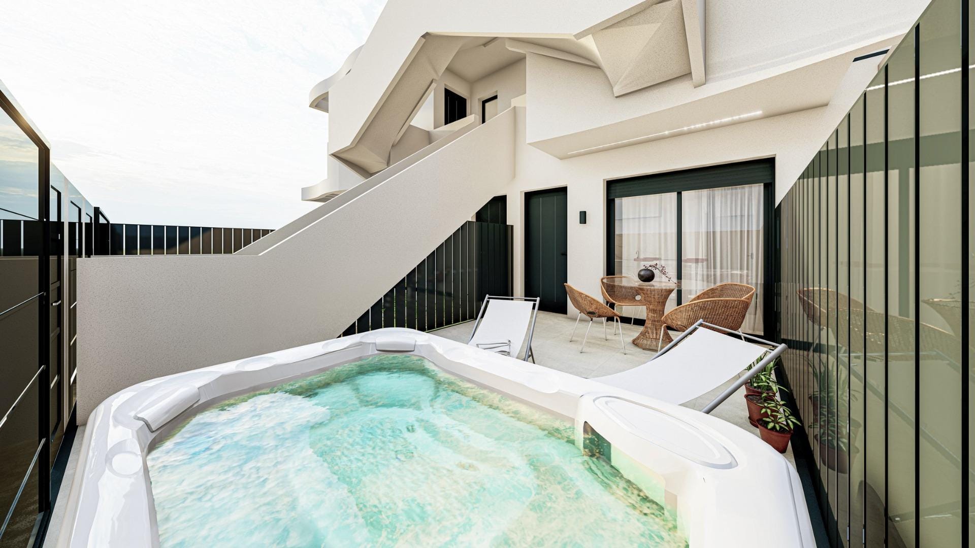 Ground-floor terrace render showing a hot tub and seating in San Pedro del Pinatar, Murcia