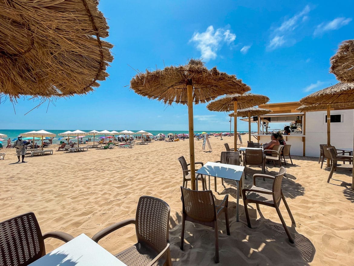 Sandy beach with parasols in Guardamar del Segura on the southern Costa Blanca