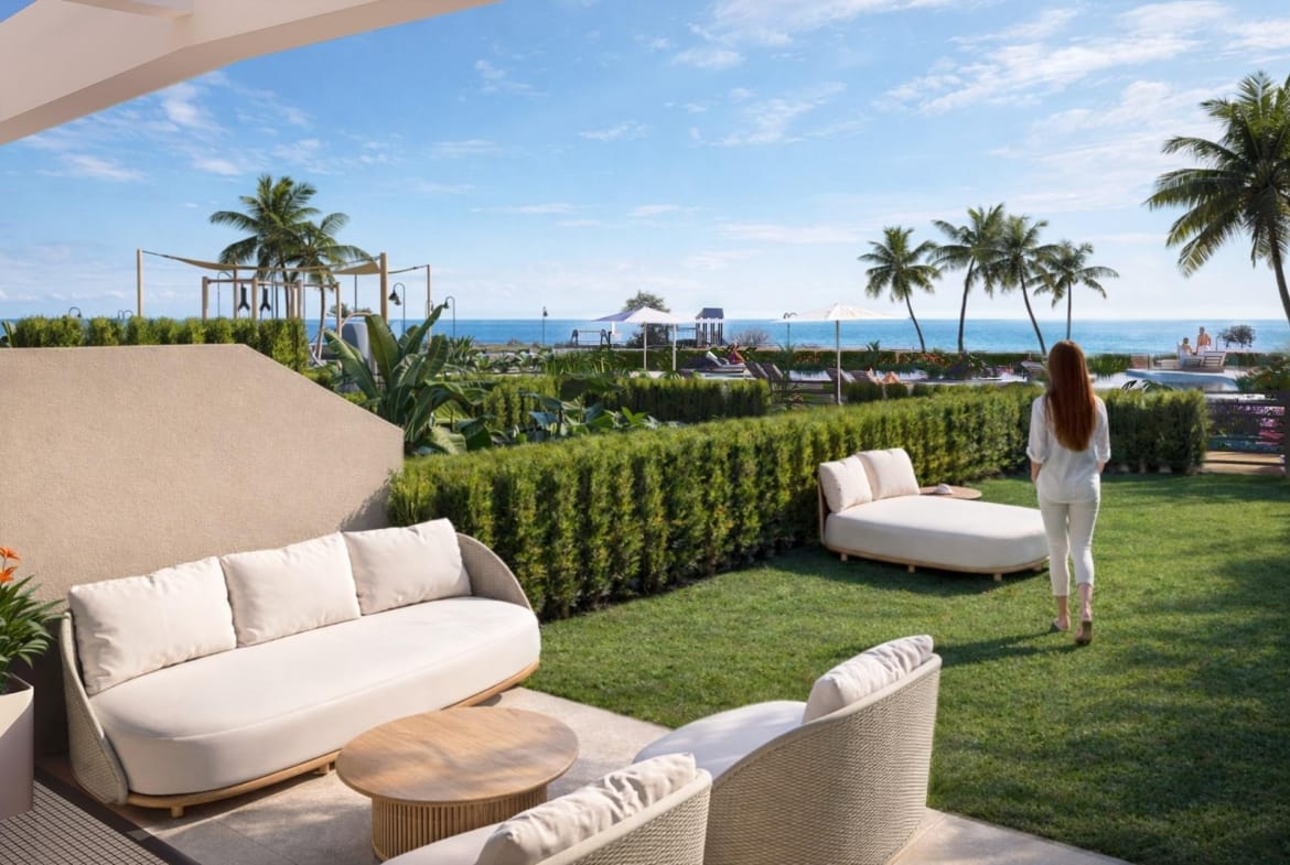 Rendering of an outdoor seating area beside the garden in Playa del Amerador, El Campello, Alicante