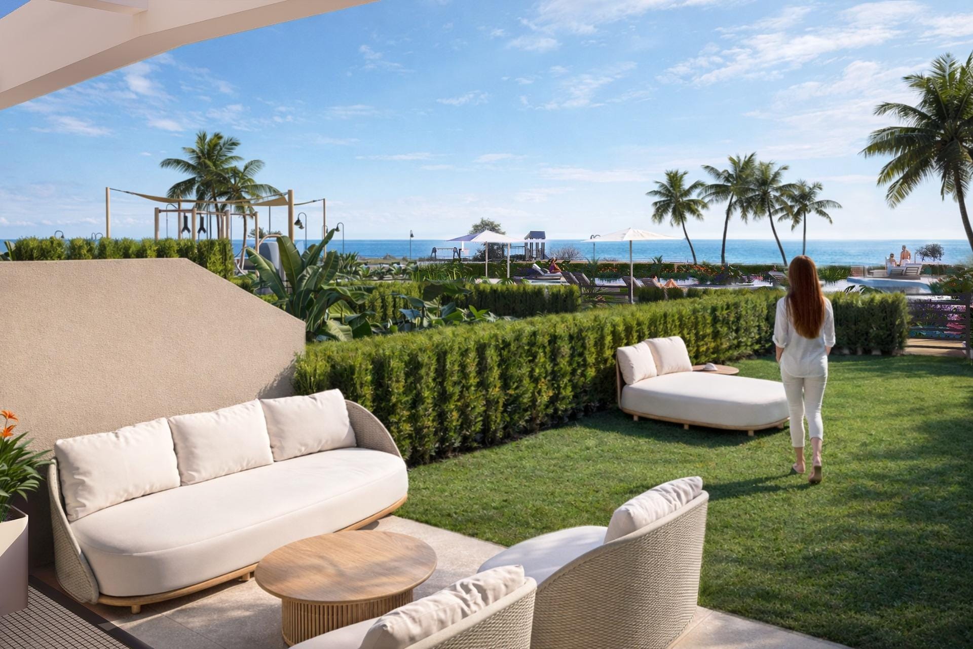 Exclusive-Frontline-Beach-Homes-in-El-Campello-Costa-Blanca-2 Rendering of an outdoor seating area beside the garden in Playa del Amerador, El Campello, Alicante