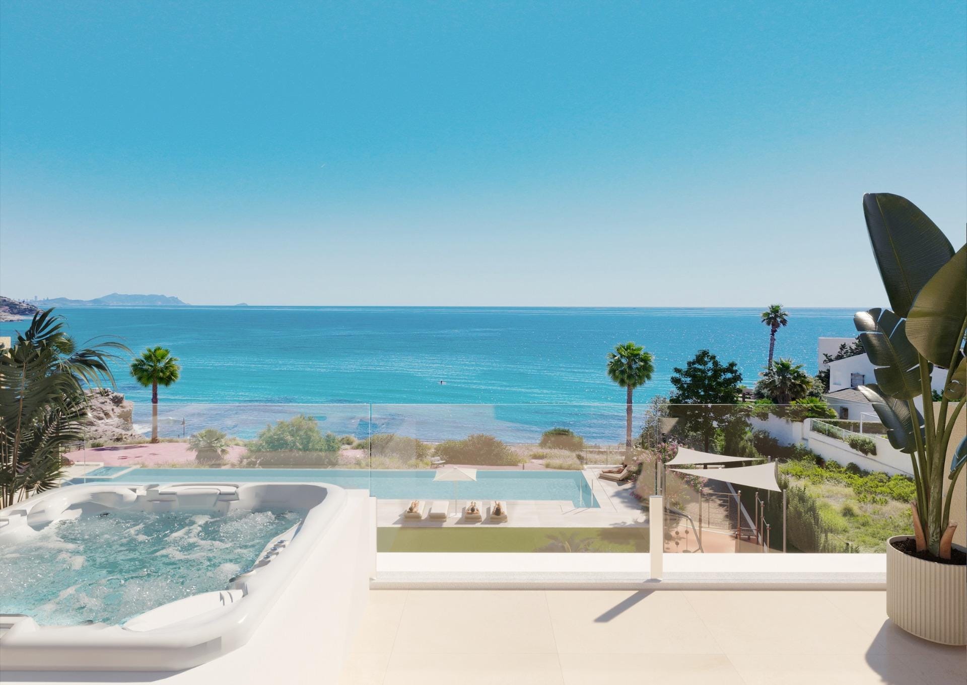 Exclusive Frontline Beach Homes in El Campello Costa Blanca Rendering of a rooftop terrace with sea views in Playa del Amerador, El Campello, Alicante