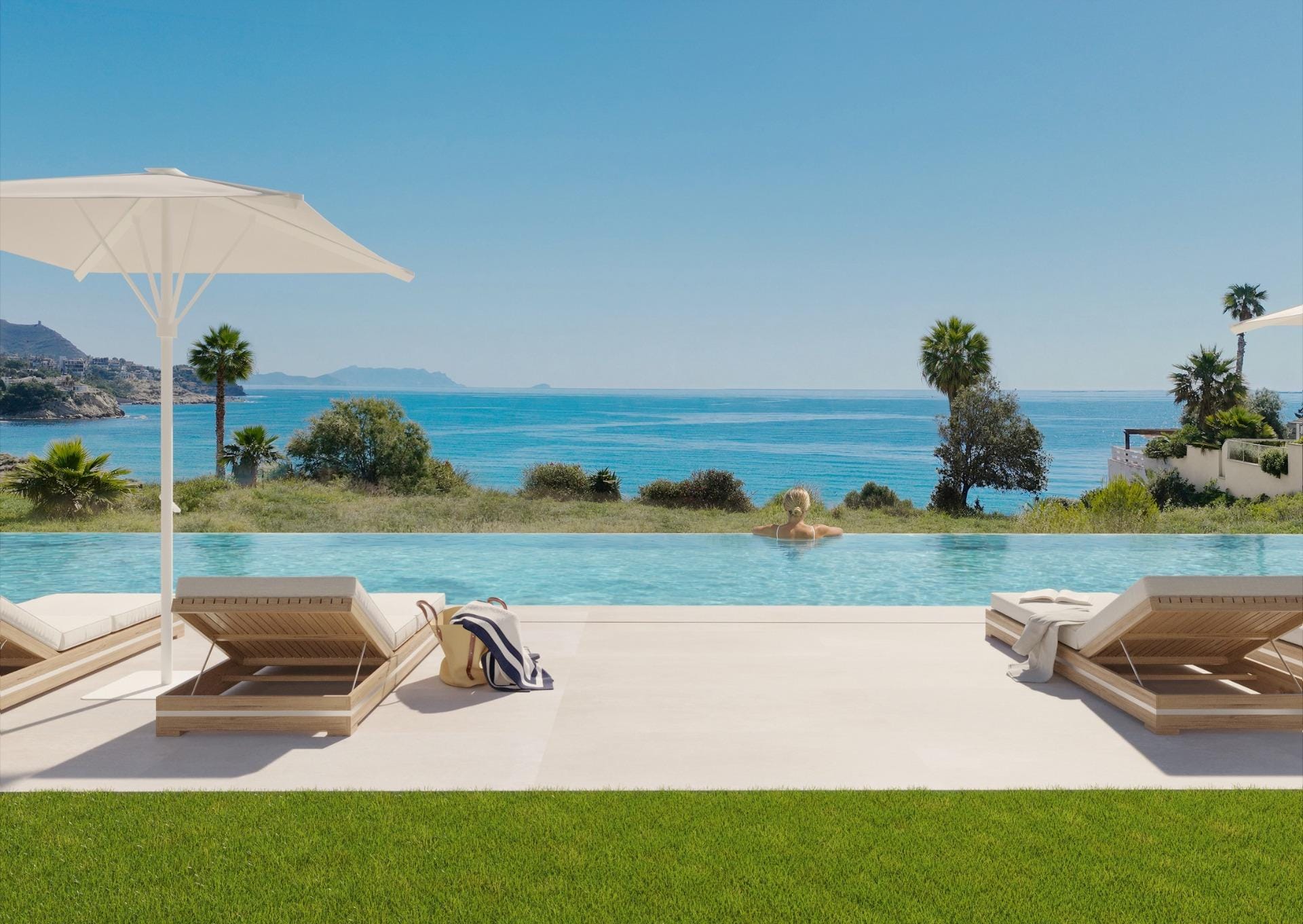 Exclusive Frontline Beach Homes in El Campello Costa Blanca Rendering of the infinity pool facing the sea in Playa del Amerador, El Campello, Alicante