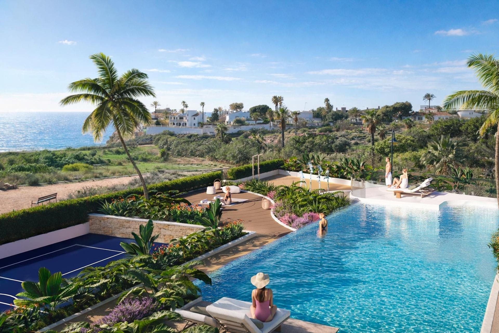 Rendering of the communal infinity pool and landscaped seaside gardens at Playa del Amerador, El Campello, Alicante