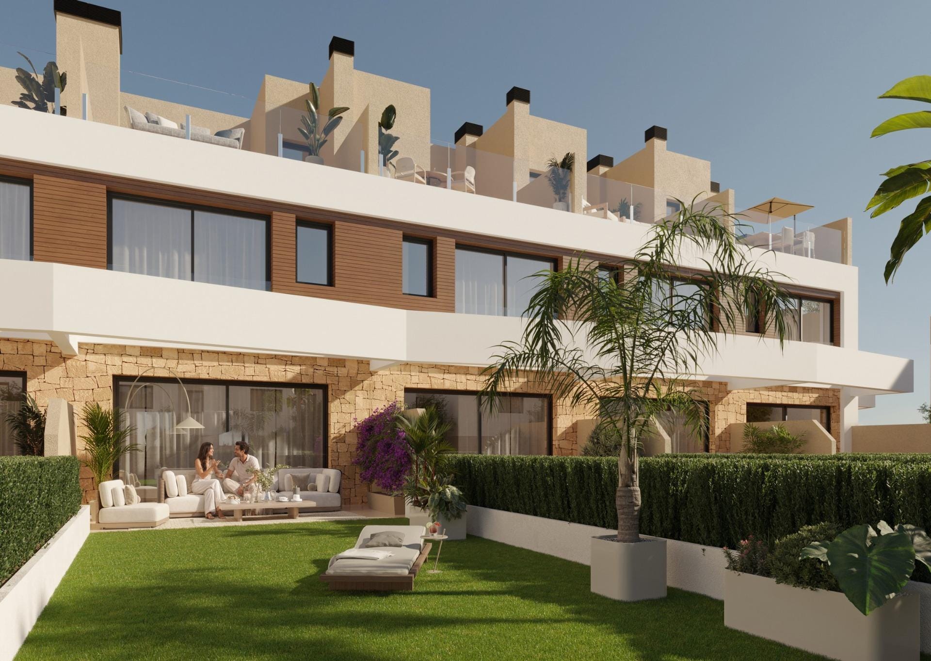 Exclusive-Frontline-Beach-Homes-in-El-Campello-Costa-Blanca-4 Rendering of townhouse gardens and terraces in Playa del Amerador, El Campello, Alicante