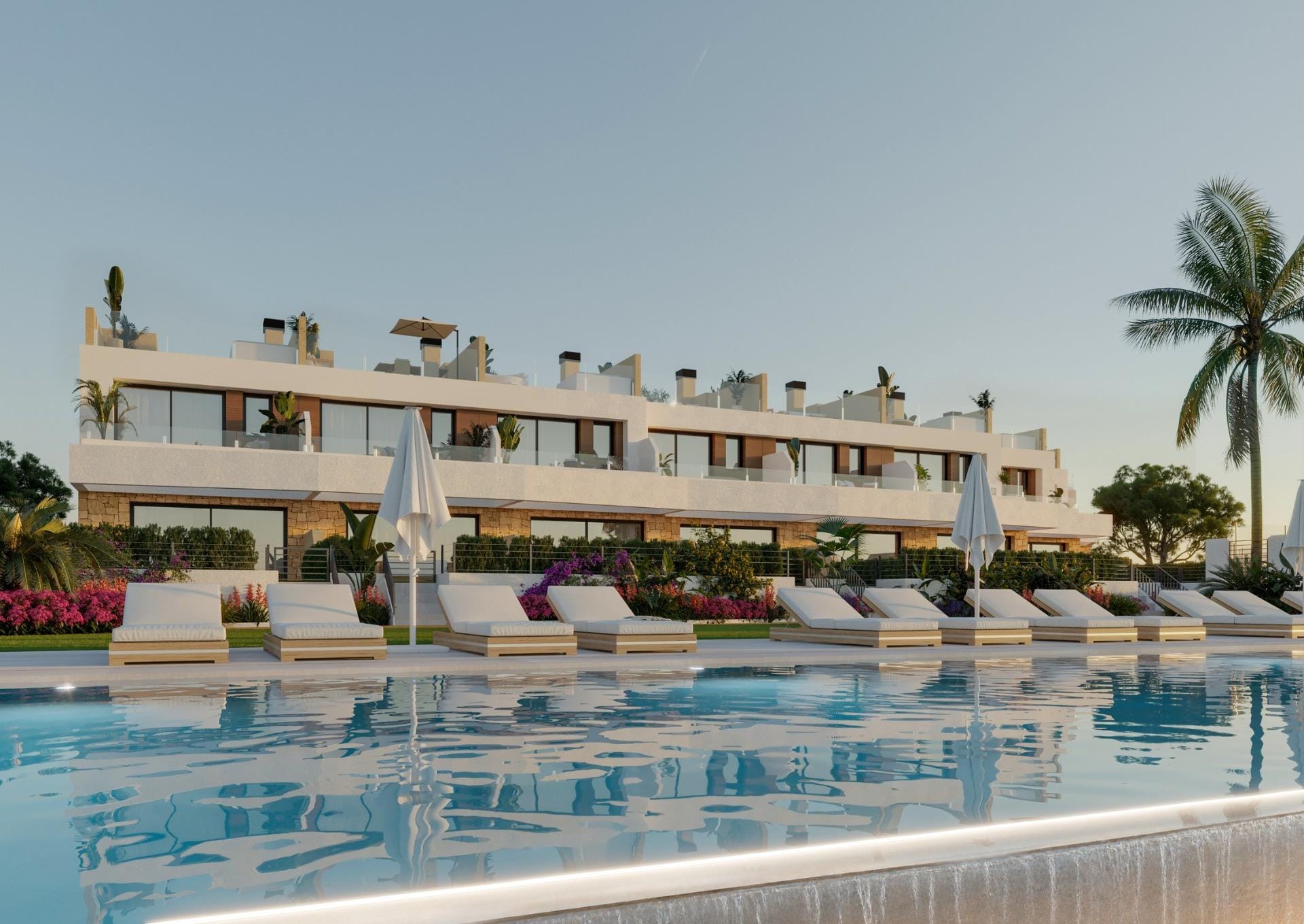 Exclusive-Frontline-Beach-Homes-in-El-Campello-Costa-Blanca-4 Rendering of the homes beside the communal pool in Playa del Amerador, El Campello, Alicante