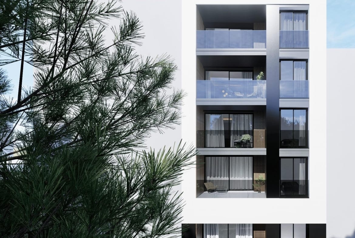 Exterior render of the apartment building beside pine trees in Guardamar del Segura, Alicante