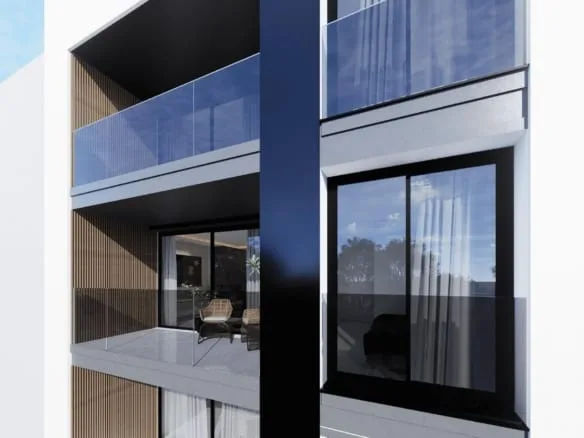 Apartment façade render with glazed balconies in Guardamar del Segura, Alicante