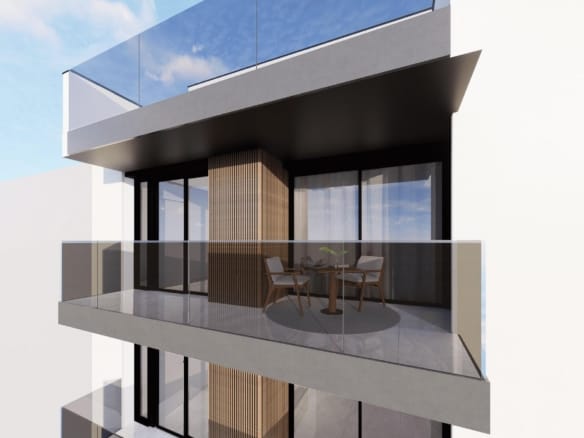 Balcony render with glass balustrade and outdoor seating in Guardamar del Segura, Alicante