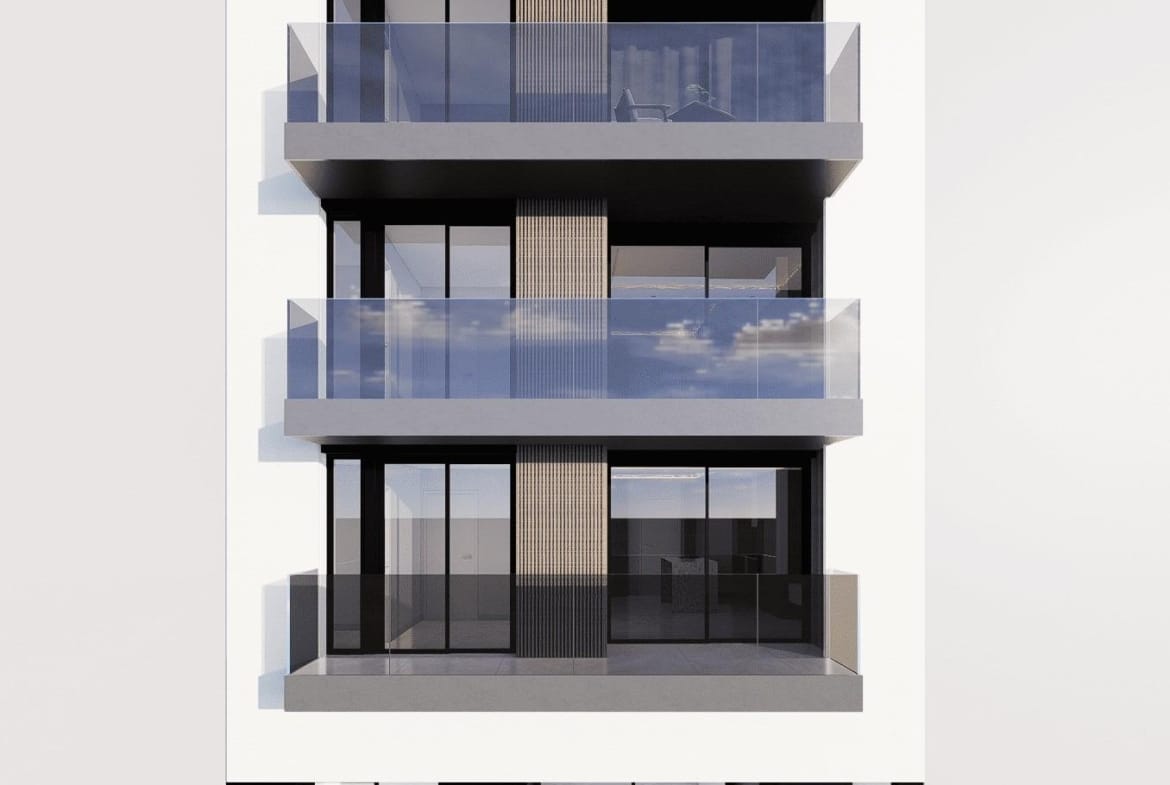 Front elevation render of the apartment building in Guardamar del Segura, Alicante