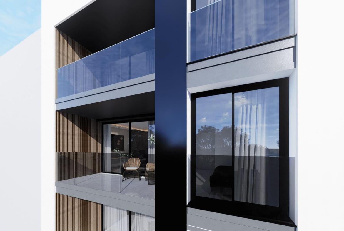 Apartment façade render with glazed balconies in Guardamar del Segura, Alicante