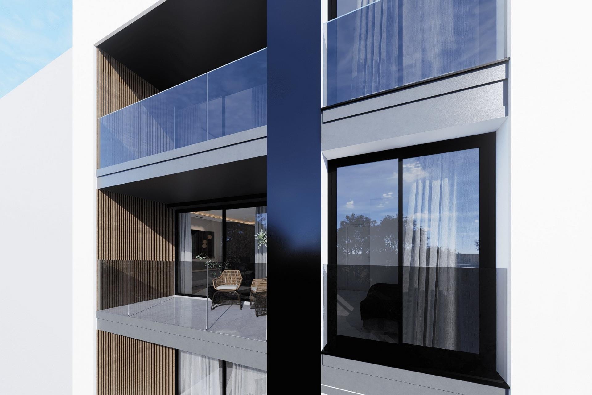 Apartment façade render with glazed balconies in Guardamar del Segura, Alicante