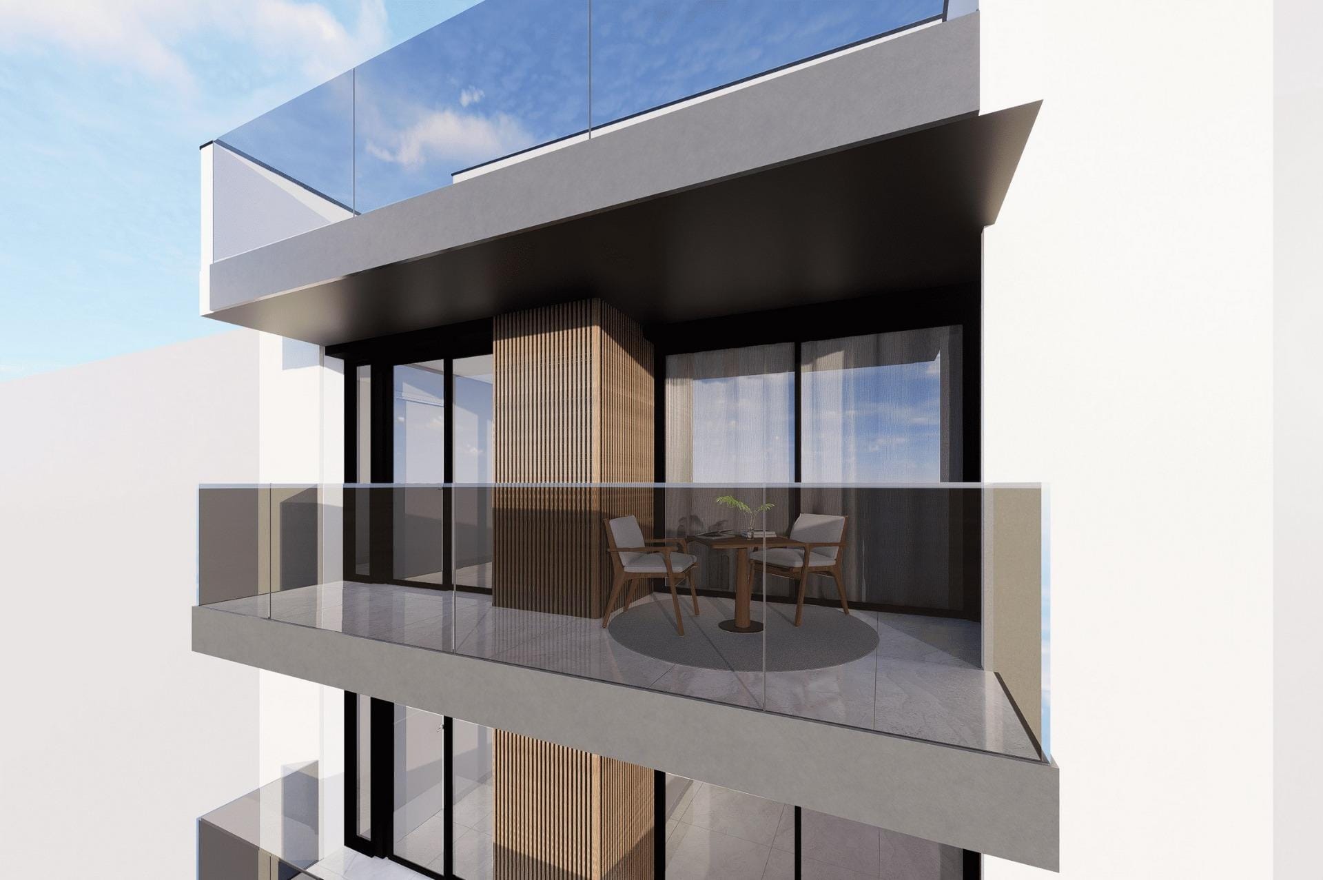 Balcony render with glass balustrade and outdoor seating in Guardamar del Segura, Alicante