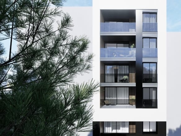 Exterior render of the apartment building beside pine trees in Guardamar del Segura, Alicante