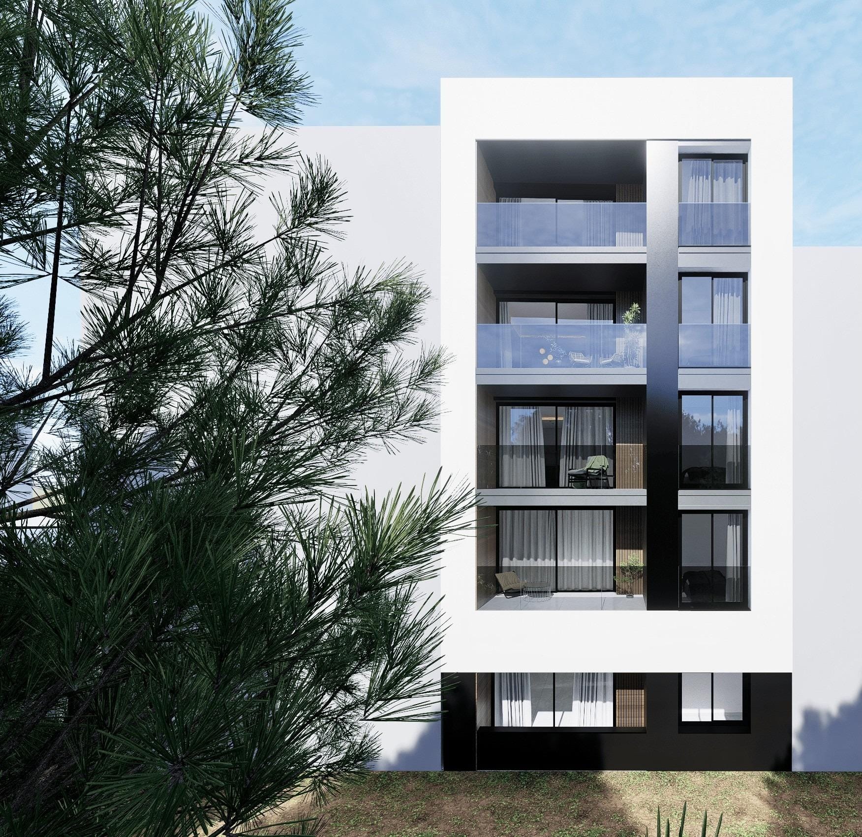 Exterior render of the apartment building beside pine trees in Guardamar del Segura, Alicante