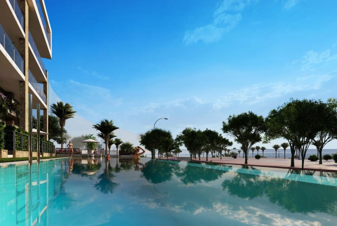 Rendering of the communal infinity pool beside the promenade in Puntes del Moro, Villajoyosa, Alicante
