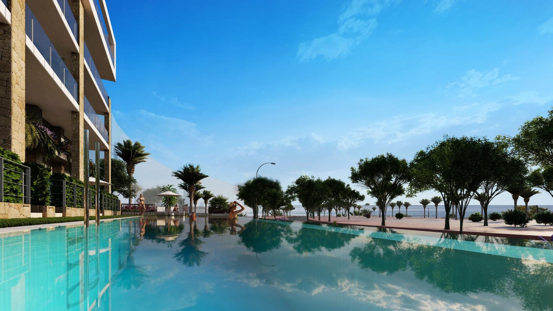 Rendering of the communal infinity pool beside the promenade in Puntes del Moro, Villajoyosa, Alicante