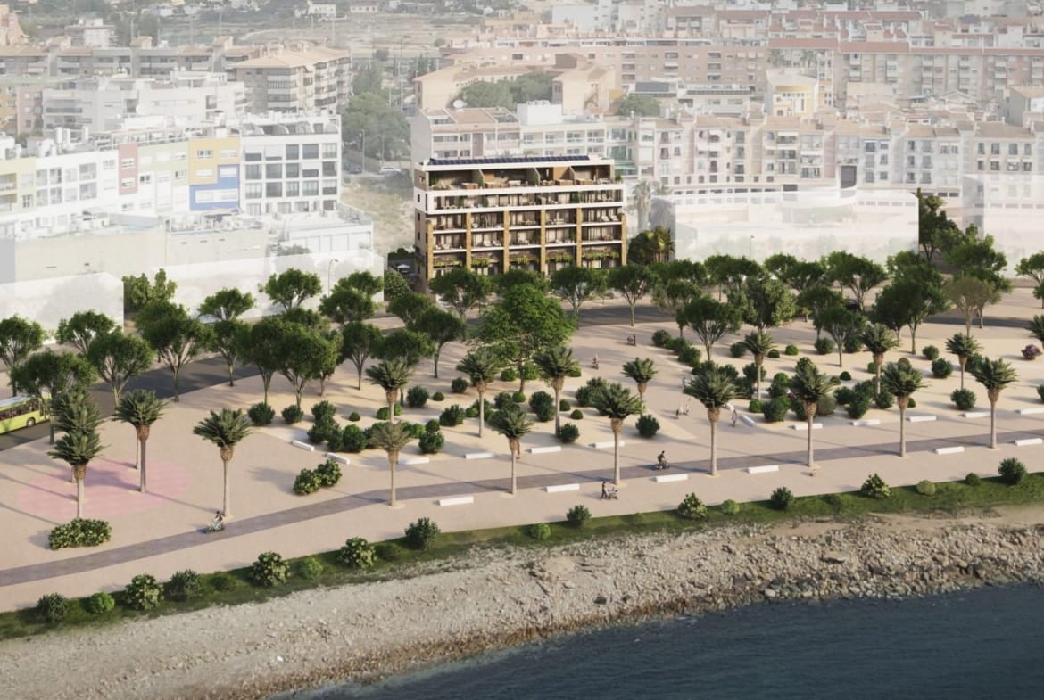 Aerial rendering of the beachfront apartment development in Puntes del Moro, Villajoyosa, Alicante