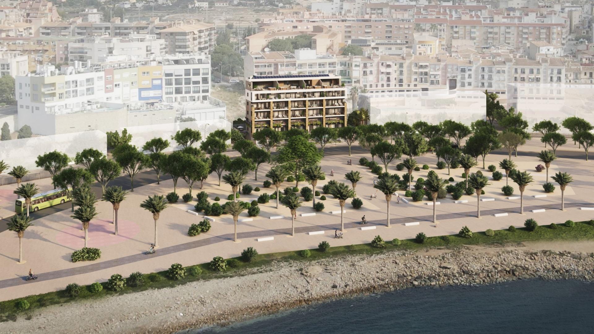 Aerial rendering of the beachfront apartment development in Puntes del Moro, Villajoyosa, Alicante