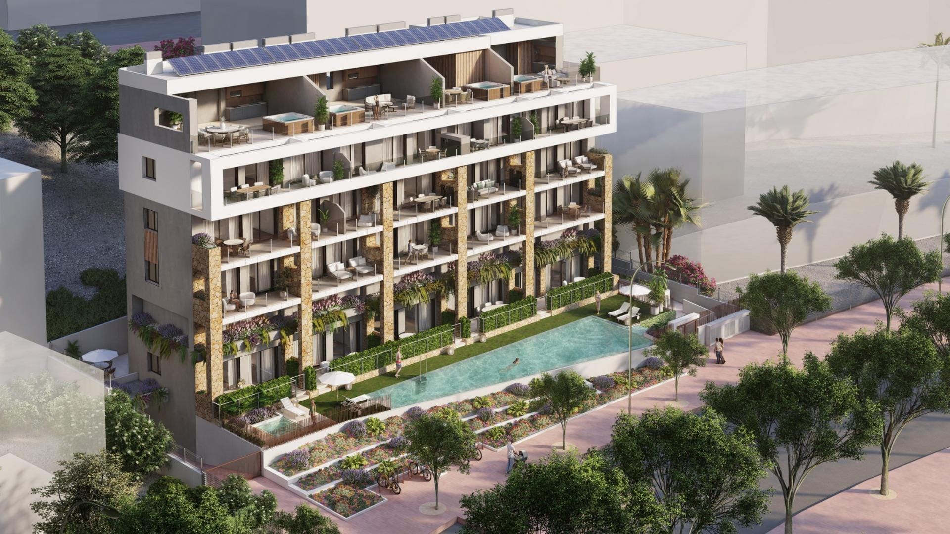 Rendering of apartment terraces and landscaped gardens in Puntes del Moro, Villajoyosa, Alicante