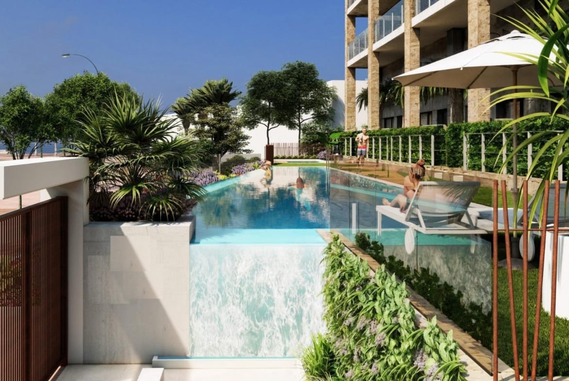 Rendering of the pool cascade beside the apartment building in Puntes del Moro, Villajoyosa, Alicante