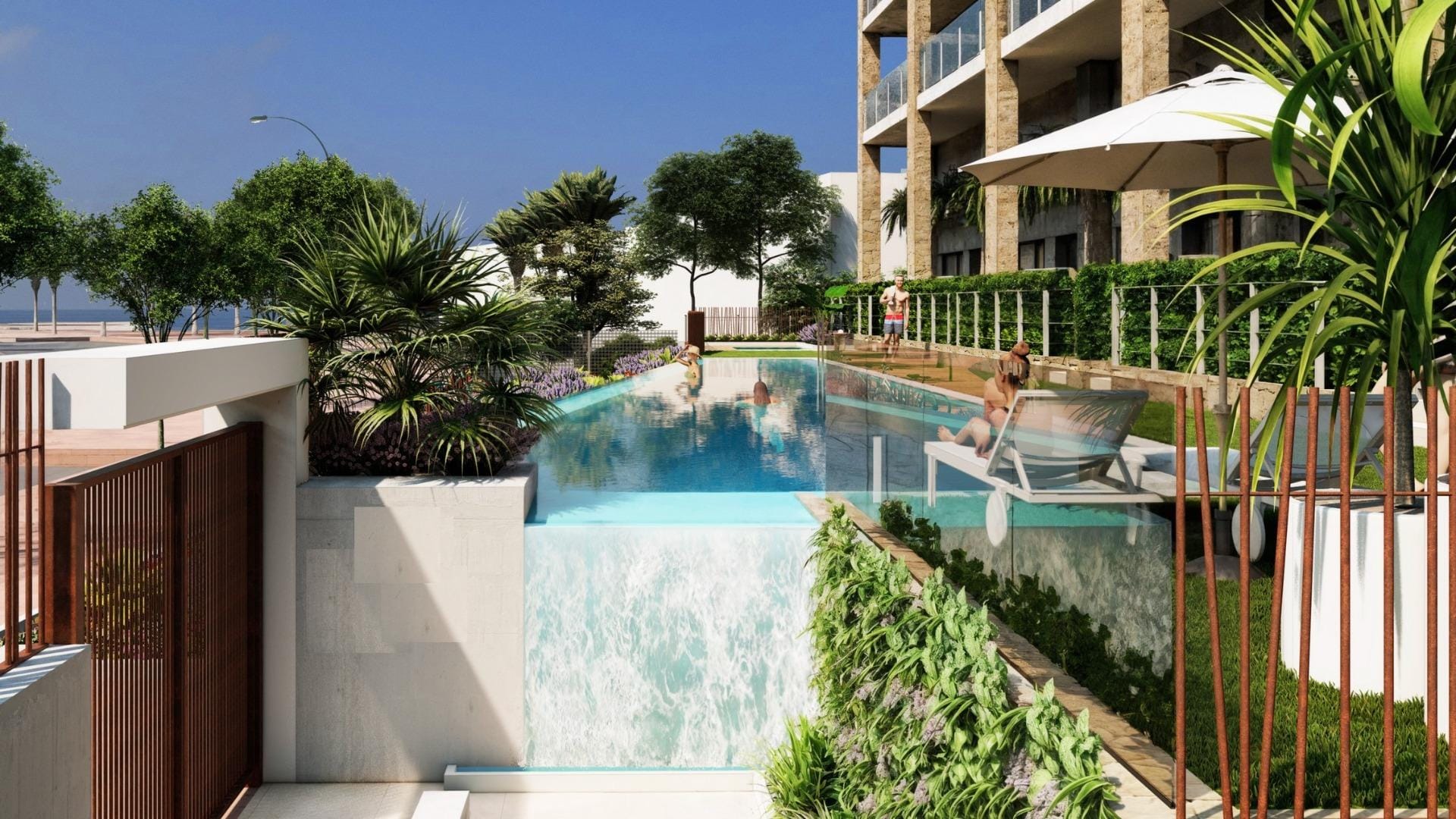 Rendering of the pool cascade beside the apartment building in Puntes del Moro, Villajoyosa, Alicante