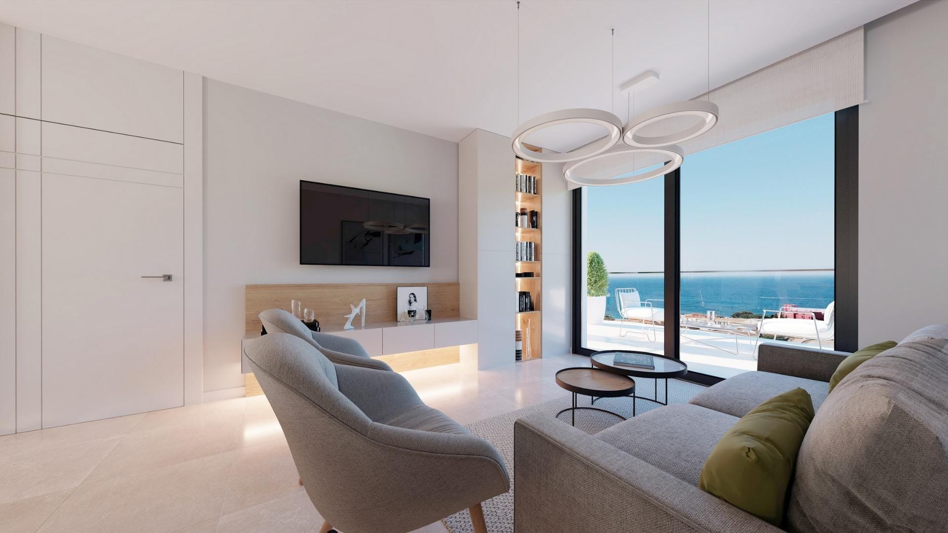 Rendering of a living room opening to a sea-view terrace in Puntes del Moro, Villajoyosa, Alicante