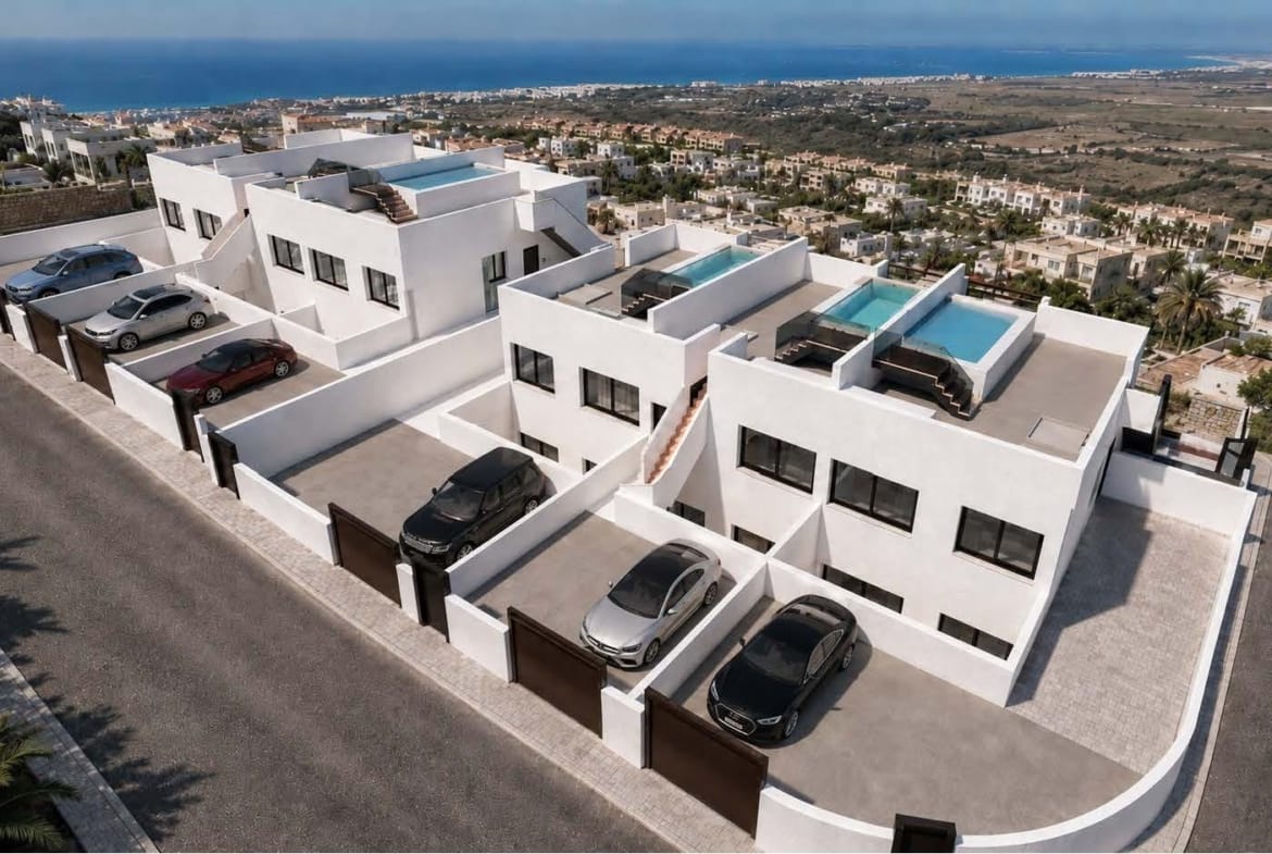 Aerial view of the residential buildings and surrounding countryside in Cerro del Sol, San Miguel de Salinas, Alicante
