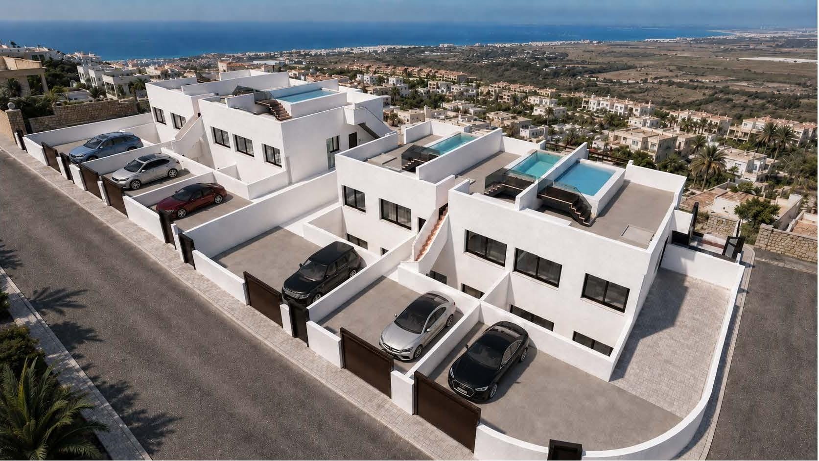 Aerial view of the residential buildings and surrounding countryside in Cerro del Sol, San Miguel de Salinas, Alicante