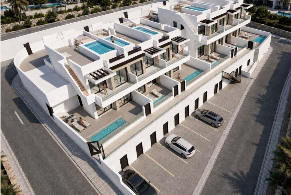 Aerial view of apartment terraces and pools in Cerro del Sol, San Miguel de Salinas, Alicante