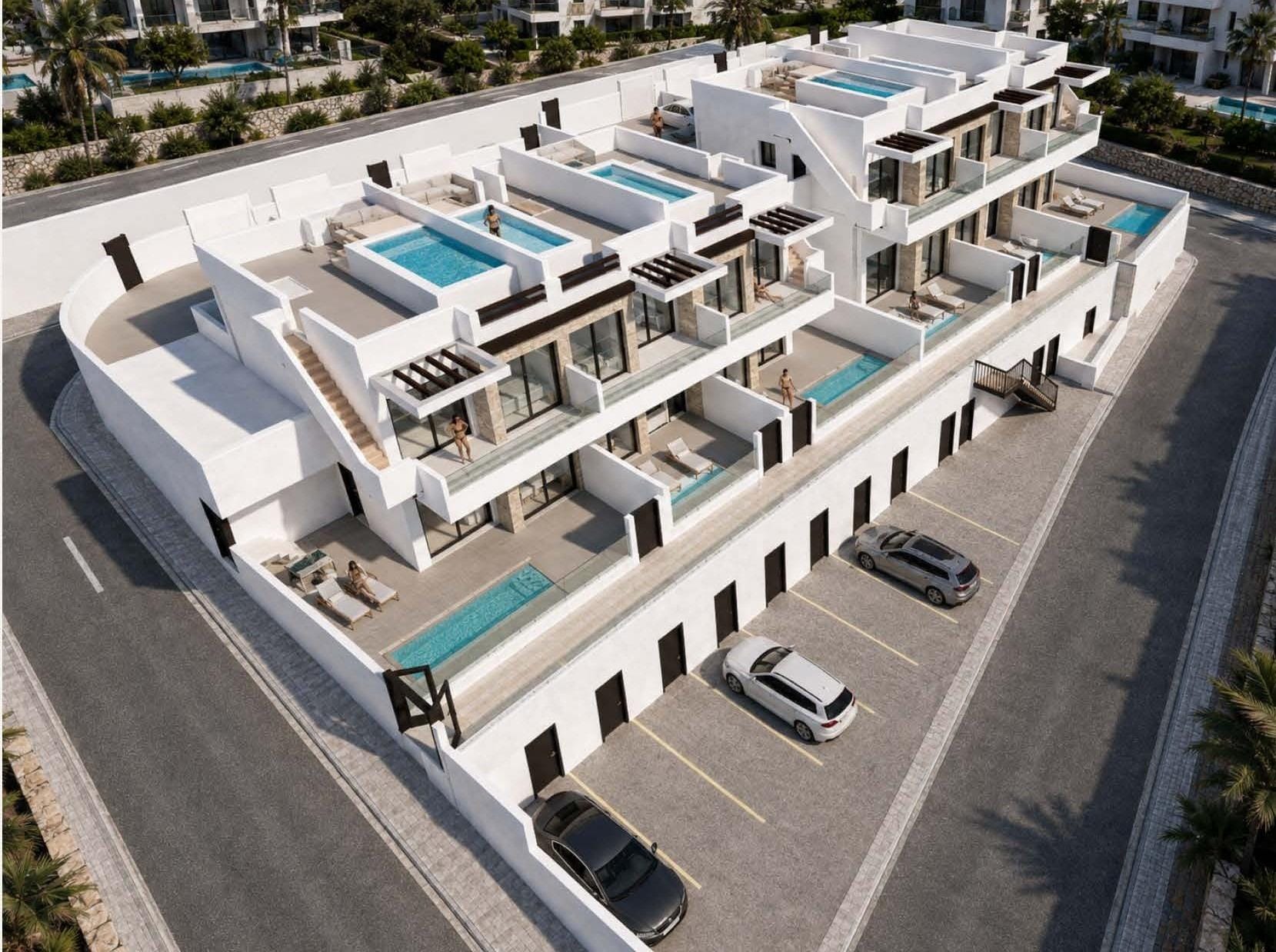 Aerial view of apartment terraces and pools in Cerro del Sol, San Miguel de Salinas, Alicante