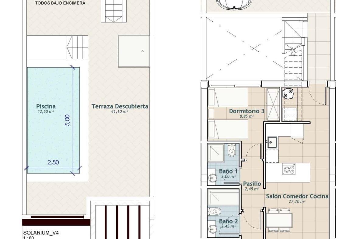 Supplied model plan showing an upper floor apartment and solarium in Cerro del Sol, San Miguel de Salinas, Alicante
